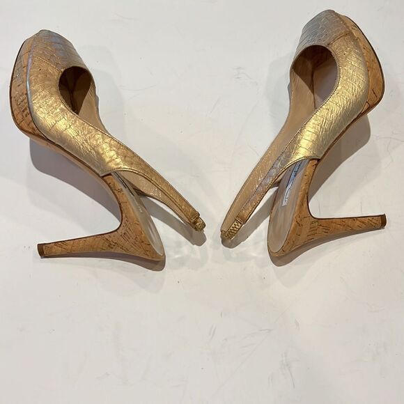 OSCAR DE LA RENTA Women’s Peep Toe Leather Slingback Heels Gold Size 37.5 - Picture 3 of 15